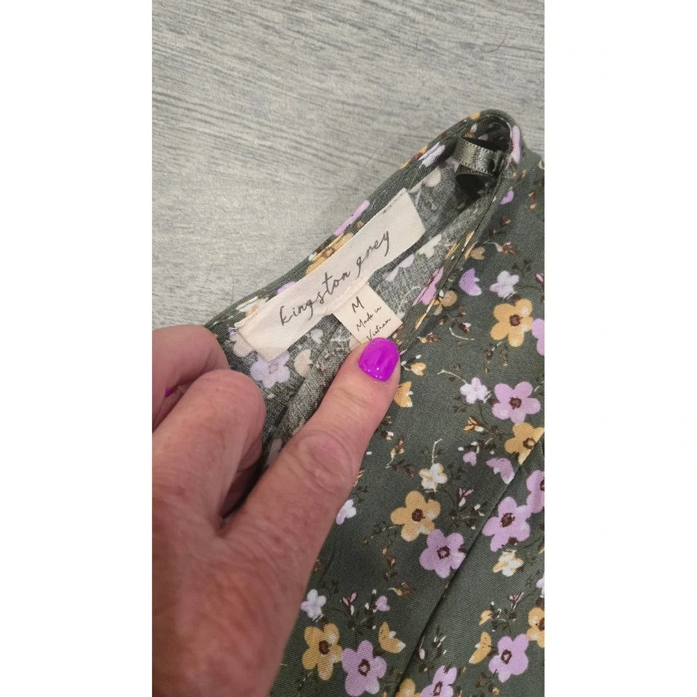 Kingston Grey Olive Green Floral Wide Leg Jumpsuit V-Neck Short Sleeve Medium NW